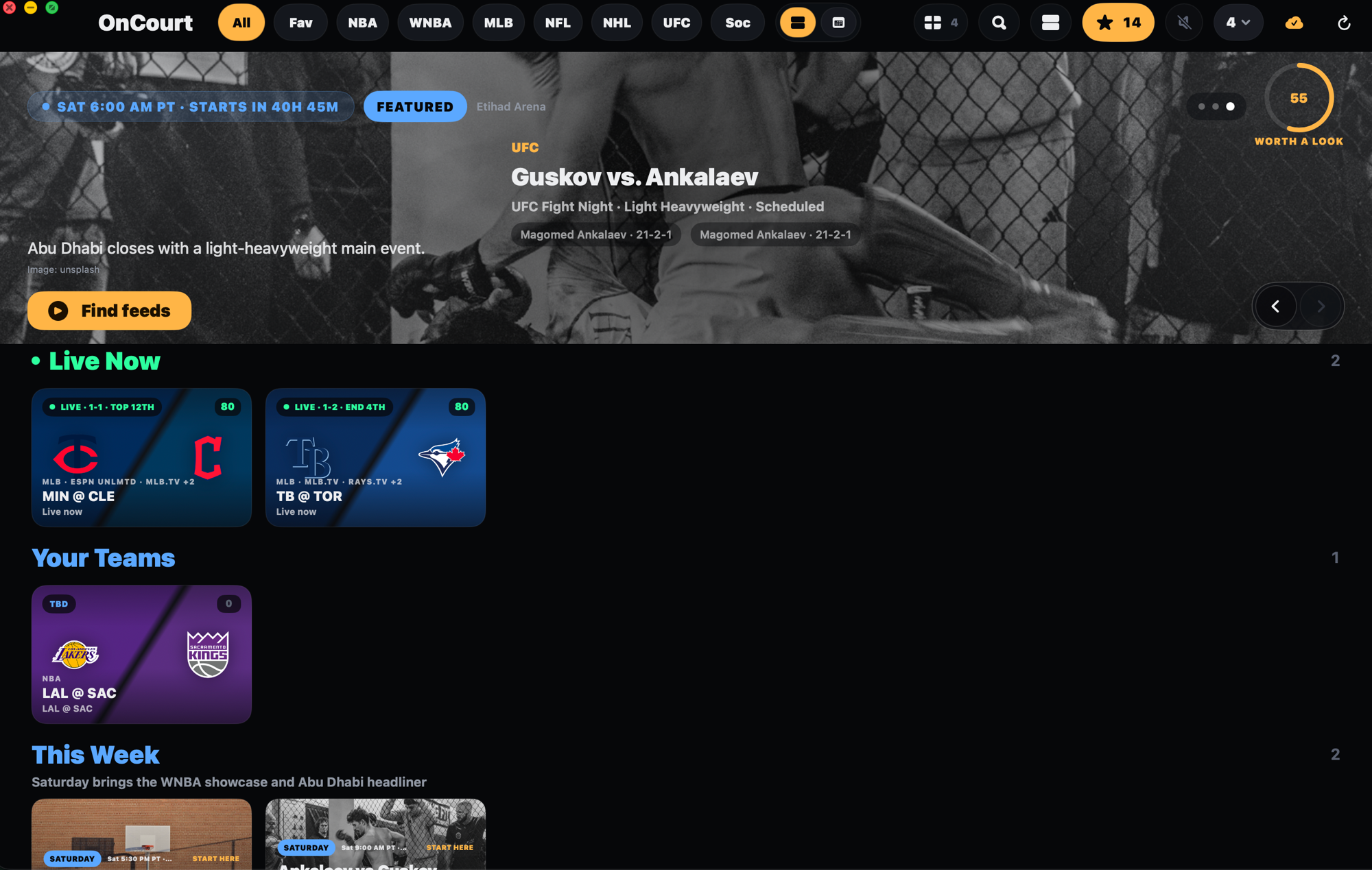 OnCourt on Mac: home slate with Live Now, Your Teams, and This Week