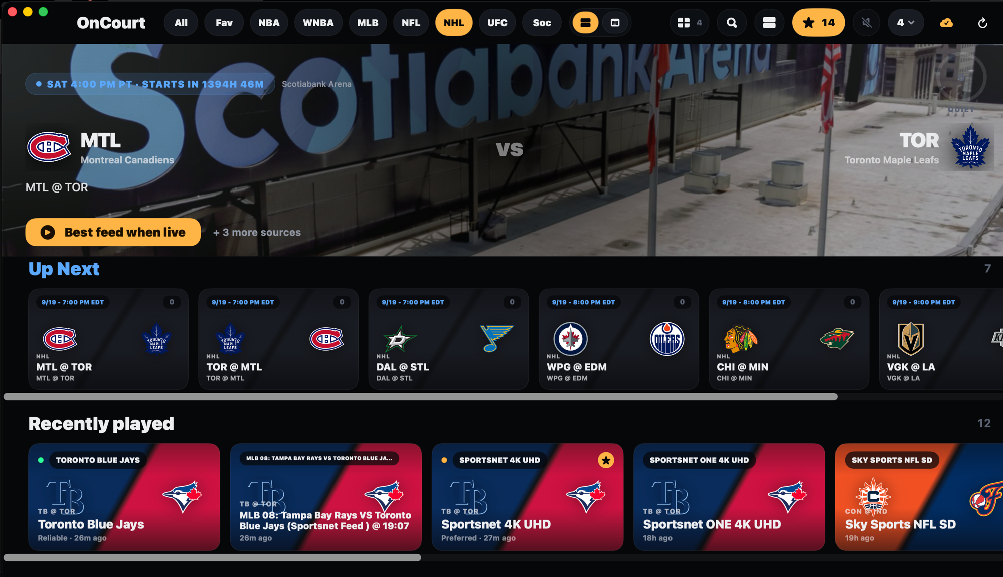 OnCourt on Mac: game detail with best feed when live
