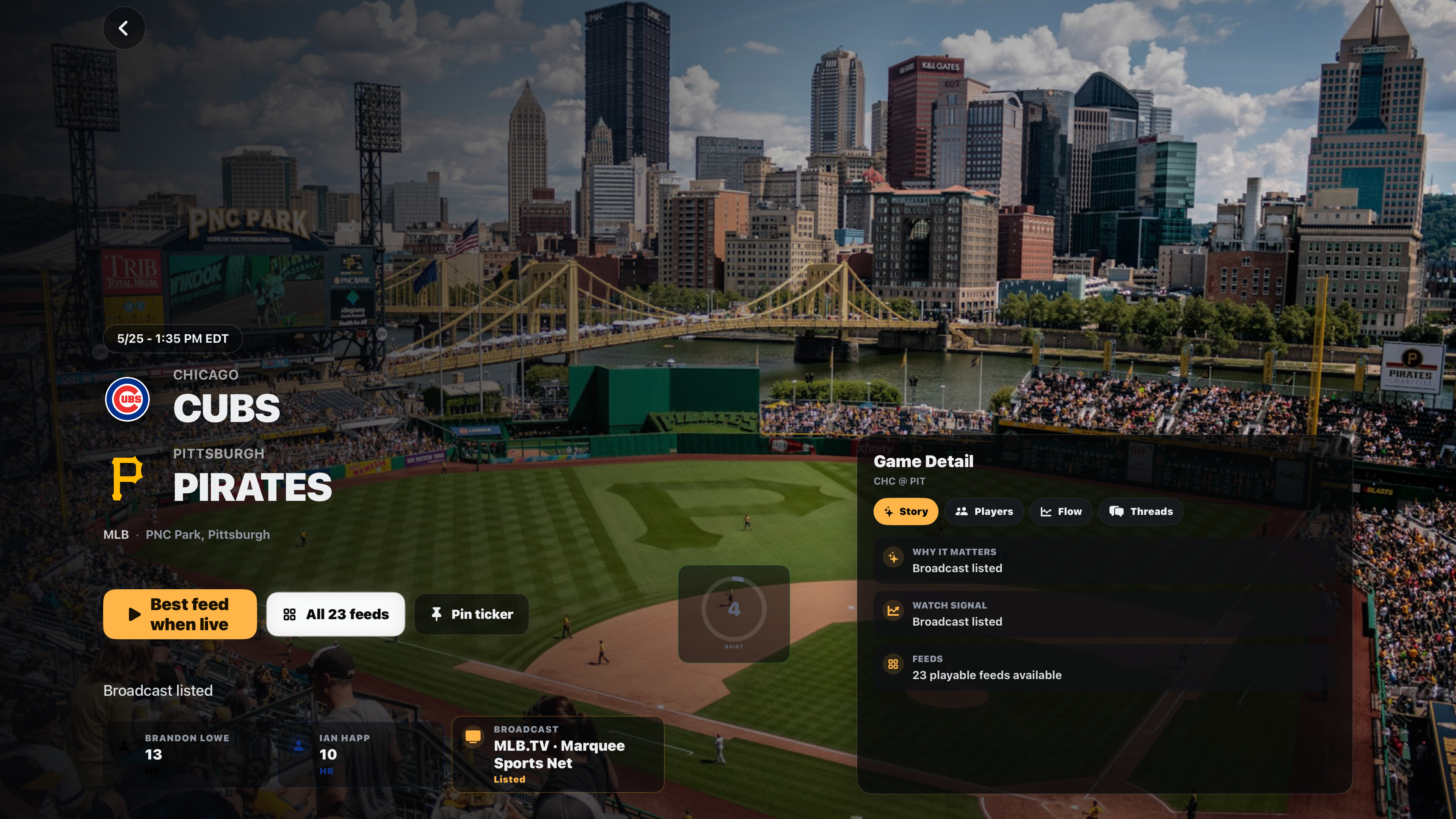 OnCourt game detail on Apple TV, Cubs at Pirates at PNC Park